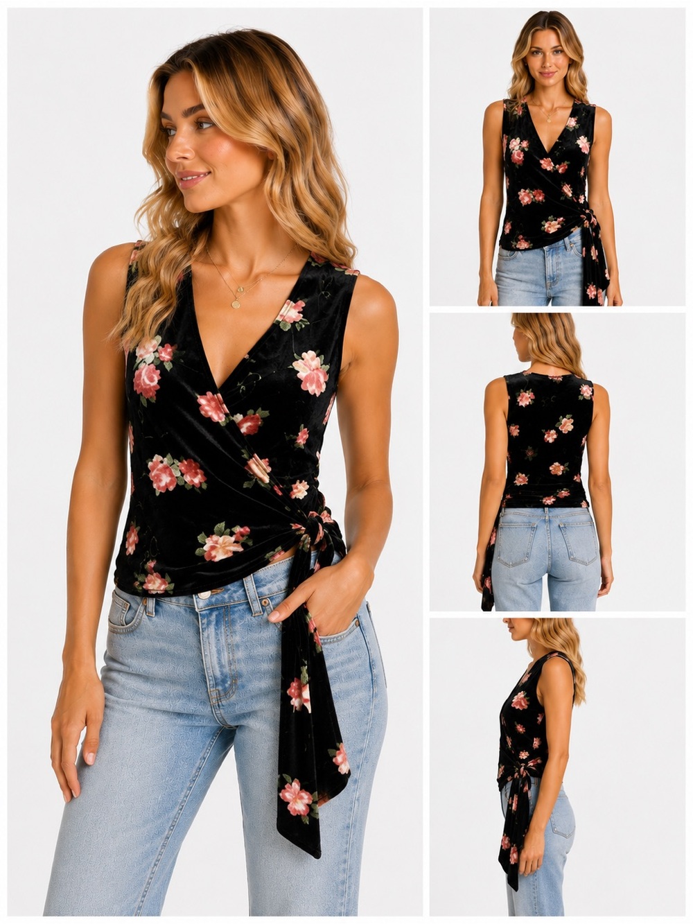 NEW AQUA Black Floral V-Neck Velvet Wrap Tie-Waist Rose Crop Blouse Top $98 Smal